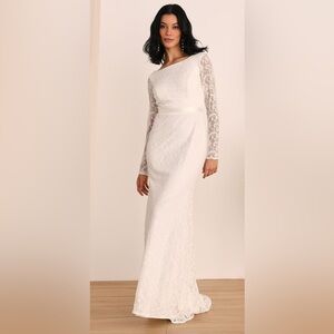 NWT Lulus Enchanted Elegance White Lace Backless Mermaid Maxi Dress Size M